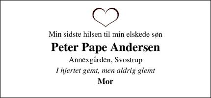 Dødsannoncen for Peter Pape Andersen - Svostrup