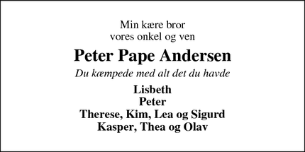 Dødsannoncen for Peter Pape Andersen - Svostrup