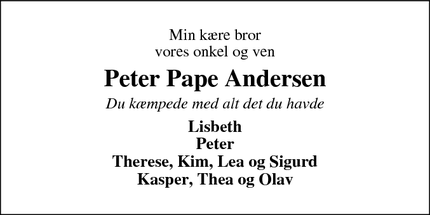 Dødsannoncen for Peter Pape Andersen - Svostrup