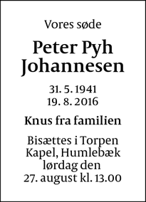 Dødsannoncen for Peter Pyh Johannesen - Humlebæk