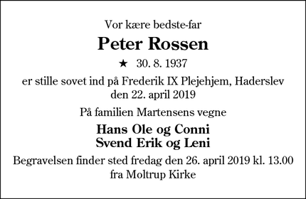 Dødsannoncen for Peter Rossen - Haderslev