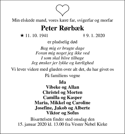 Dødsannoncen for Peter Rørbæk - V.nebel, 6040 Egtved