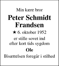 Dødsannoncen for Peter Schmidt
Frandsen - Nibe