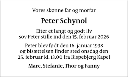Dødsannoncen for Peter Schynol - københavn N