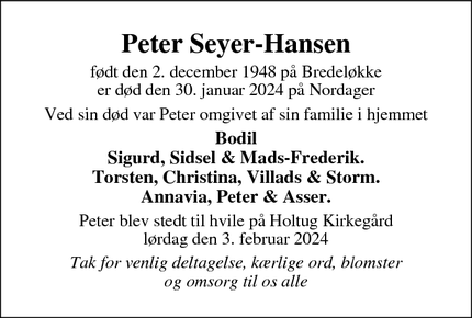 Dødsannoncen for Peter Seyer-Hansen - STORE HEDDINGE