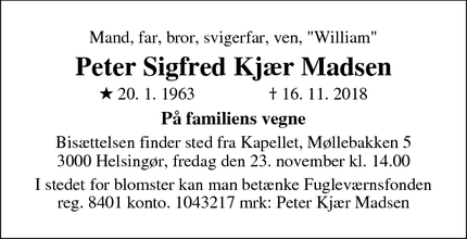 Dødsannoncen for Peter Sigfred Kjær Madsen - Græsted