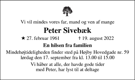 Dødsannoncen for Peter Sivebæk - Store Heddinge