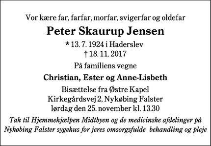 Dødsannoncen for Peter Skaurup Jensen - 4800 Nykøbing Falster