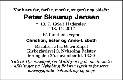 Dødsannoncen for Peter Skaurup Jensen - 4800 Nykøbing Falster