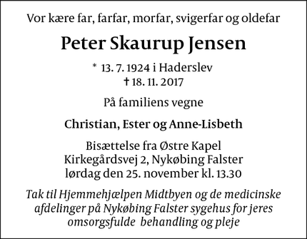 Dødsannoncen for Peter Skaurup Jensen - 4800 Nykøbing Falster