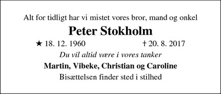 Dødsannoncen for Peter Stokholm - Frederikssund