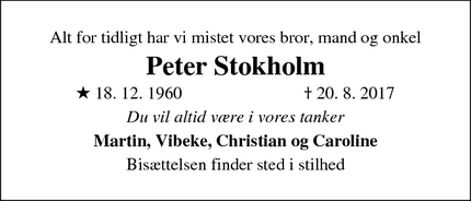 Dødsannoncen for Peter Stokholm - Frederikssund