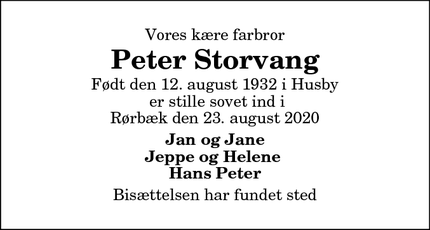 Dødsannoncen for Peter Storvang - Fjerritslev