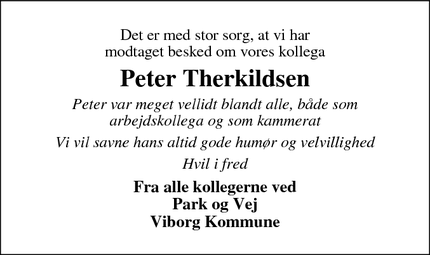 Dødsannoncen for Peter Therkildsen - Ørum