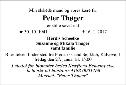 Dødsannoncen for PETER THØGER - Frederikssund