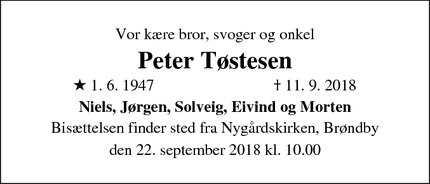 Dødsannoncen for Peter Tøstesen - Hvidovre