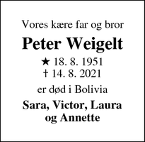 Dødsannoncen for Peter Weigelt - Fjerritslev