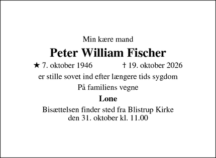 Dødsannoncen for Peter William Fischer - Udsholt Strand