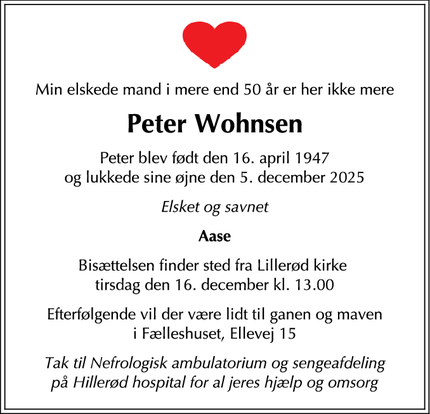 Dødsannoncen for Peter Wohnsen - Lillerød