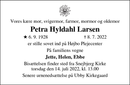 Dødsannoncen for Petra Hyldahl Larsen - Hvidovre