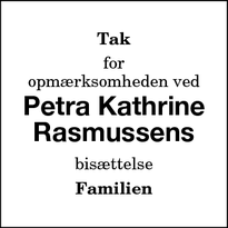 Dødsannoncen for Petra Kathrine
Rasmussens - Toreby L