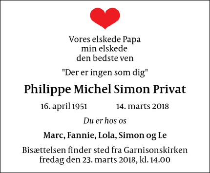 Dødsannoncen for Philippe Michel Simon Privat - København