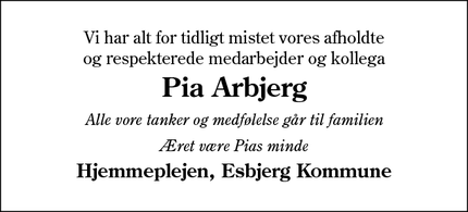 Dødsannoncen for Pia Arbjerg - Esbjerg