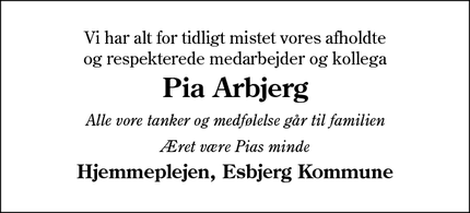 Dødsannoncen for Pia Arbjerg - Esbjerg
