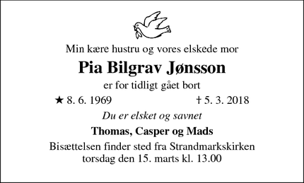 Dødsannoncen for Pia Bilgrav Jønsson  - Hvidovre