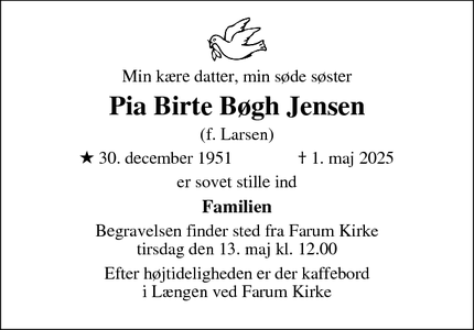 Dødsannoncen for Pia Birte Bøgh Jensen - Herfølge 