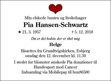 Dødsannoncen for Pia Hansen-Schwartz - Esbjerg