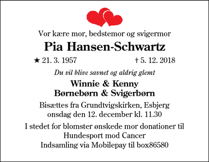 Dødsannoncen for Pia Hansen-Schwartz - Esbjerg