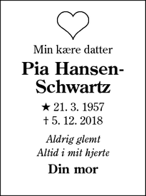 Dødsannoncen for Pia Hansen-Schwartz - Esbjerg