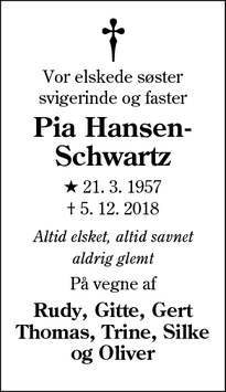 Dødsannoncen for Pia Hansen-Schwartz - Esbjerg