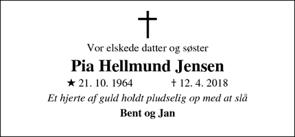 Dødsannoncen for Pia Hellmund Jensen - Tranbjerg