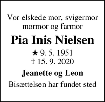 Dødsannoncen for Pia Inis Nielsen - Rosmus, 8444 Balle