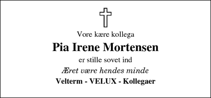 Dødsannoncen for Pia Irene Mortensen - Hornsyld