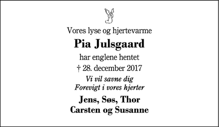 Dødsannoncen for Pia Julsgaard - Silkeborg