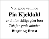 Dødsannoncen for Pia Kjeldahl - Lemvig
