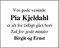 Dødsannoncen for Pia Kjeldahl - Lemvig