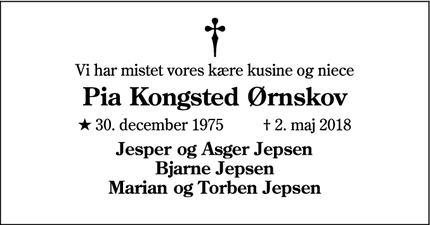 Dødsannoncen for Pia Kongsted Ørnskov - Haderslev