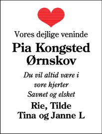 Dødsannoncen for Pia Kongsted
Ørnskov - Haderslev