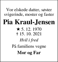 Dødsannoncen for Pia Kraul-Jensen - Varde
