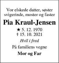 Dødsannoncen for Pia Kraul-Jensen - Varde