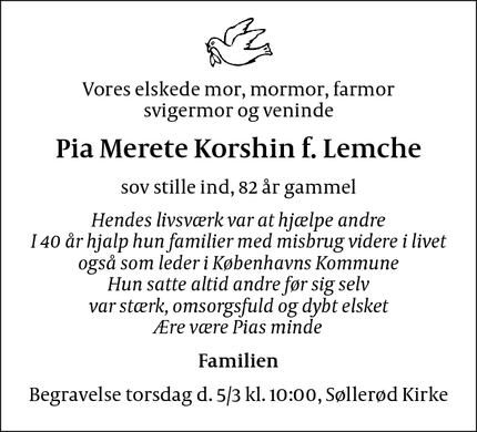 Dødsannoncen for Pia Merete Korshin f. Lemche - København K
