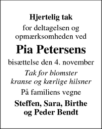 Taksigelsen for Pia Petersen - Spjald