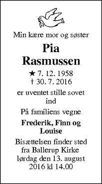 Dødsannoncen for Pia Rasmussen - Ballerup