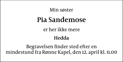 Dødsannoncen for Pia Sandemose - Rønne