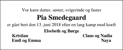 Dødsannoncen for Pia Smedegaard - Vejle