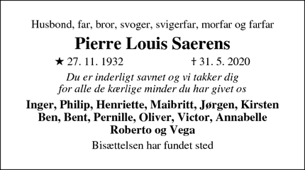 Dødsannoncen for Pierre Louis Saerens - Silkeborg